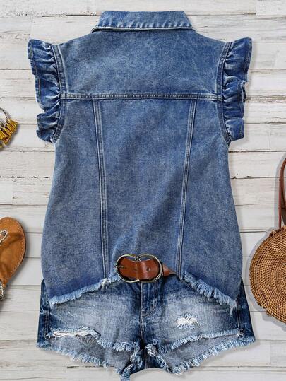EMERY ROSE Women's Turndown Collar Single-Breasted Distressed Casual Versatile Daily Wear Denim Jacket