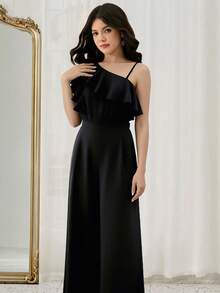 SHEIN 两件套优雅不对称肩部荷叶边上衣和阔腿裤套装，适合少女，黑色梭织面料，时尚高端 - 黑色 - 查看 4