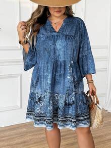 SHEIN CURVE+ 大码深V领印花短款休闲连衣裙，适合度假波西米亚风度假 - 彩色 - 查看 7