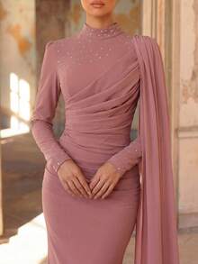 Aureia 优雅浪漫的莲花粉色弹力面料水钻装饰长袖褶皱鱼尾拖尾正式礼服，适合婚礼宾客、节日、生日派对、婚礼仪式、正式晚宴等场合。 - 粉色 - 查看 2