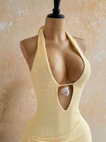 Soleia Sexy V-Neck Cross Decor Hollow Out Halter Backless Textured Fabric Multi-Layer Irregular Hem Mini Dress, Suitable For Party, Christmas, Date, Nightclub, Beach, Cruise, Afternoon Tea, Bohemian, Boho, Vacation, Fall Women Clothes, Vintage,Summer Yellow Halter Dress Yellow Sexy Dress Butter Yellow Dress Waffle Knit Dress , Outfit , Blue Dresses For Women Vacation Outfits Women Butter Yellow Mini Dress Halter Mini Dress,Summer Dress,Vacation Dress,Summer Outfit For Women , Festival Outfits, Graduation,Vacation Outfits Women, Yellow Dresses For Women,Work Outfits For Women , Beach Outfit For Women - Light Yellow - View 3
