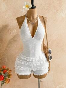 Soleia 女士夏季蕾丝荷叶边V领露背连体衣 - 米色 - 查看 1