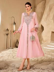 Al Najma 女士新款优雅重工刺绣领阿拉伯风格连衣裙 - 淺粉色 - 查看 2