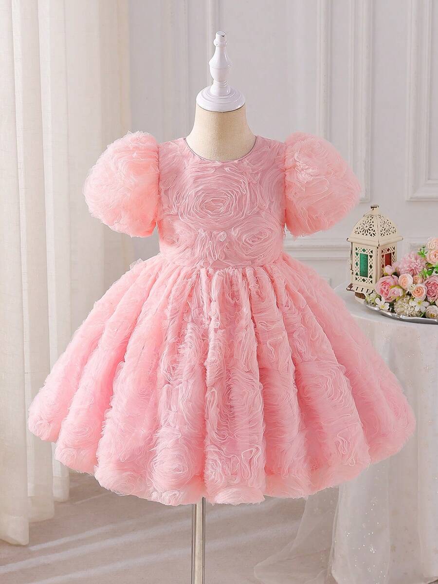 SHEIN Glamorique Kids 小女孩粉色3D荷叶边薄纱泡泡袖蝴蝶结公主裙，适合花童、生日派对、婚礼、节日、舞会等场合。 - 藕粉色 - 查看 1