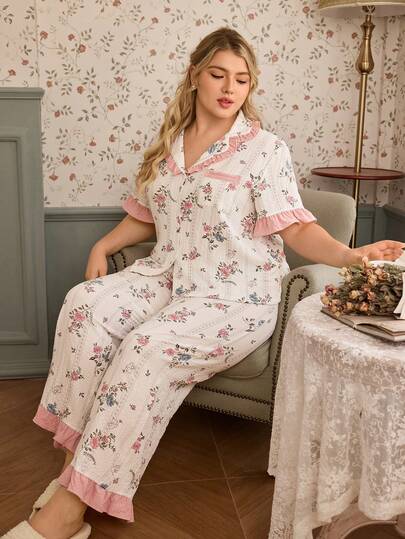 CottageSlumber 印花荷叶边拼接撞色加大码女式翻领短袖睡衣套装