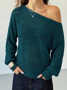 Women's Casual Everyday Commute Fashion Vacation Style Solid Color Pointelle Knit Asymmetrical Neck Loose Pullover Sweater, Autumn/Winter - Dark Green - View 3