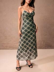 ROMWE PETITE Vestido largo ajustado con estampado de cuadros retro para mujeres - Verde - Ver 6