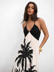 Aloruh Women's Summer Boho Tropical Maxi Dress,Palm Tree Print Halter Neck Backless Dress,Beach Vacation Holiday White Elegant Color Block Long Sundress - Multicolor - View 6