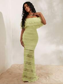 Opulessa Knitted Lace Off Shoulder Fitted Mermaid Dress For Women - Green - View 5