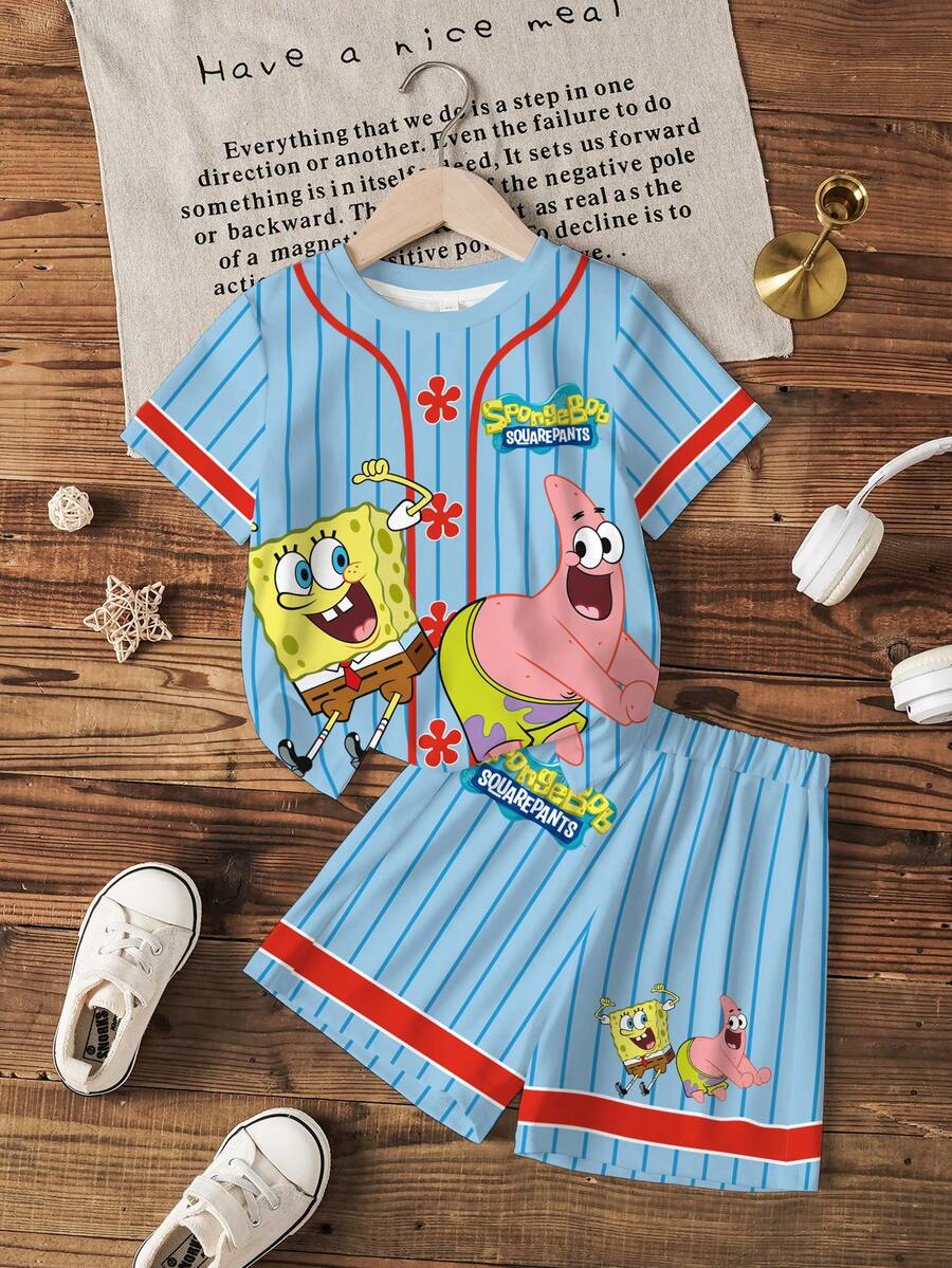 SpongeBob SquarePants | SHEIN 男童夏季休闲条纹卡通印花T恤和短裤套装 - 白色 - 查看 1