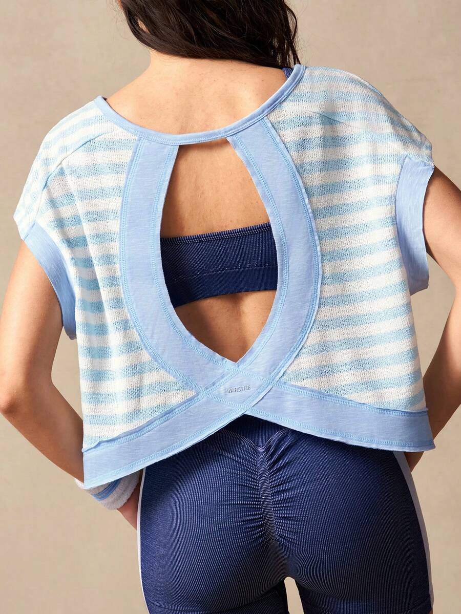 VARSIVA 女士条纹圆领露背蝙蝠袖运动T恤