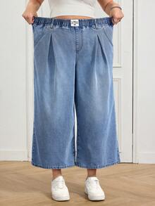 SHEIN CURVE+ 大码休闲水洗弹力腰阔腿牛仔裤，春夏嘉年华服装通勤度假毕业时尚Y2K可爱街头风派对婚礼优雅商务休闲女装大码高弹亲肤牛仔裤阔腿九分裤 - 藍色 - 查看 8