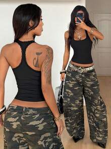 Coolane Women's Spring/Summer Streetwear Y2K Basic Daily Wear Going Out Casual Lace Patchwork Stretchy Crop Tube Top - Black - View 3