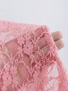 SHEIN Glamour Sheer Lace Blouse, Vacation,Beach Pink Romantic Long Sleeve Top Spring Boho - Pink - View 5