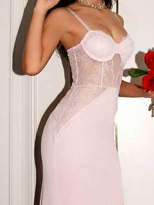 SHEIN Glamour 女士优雅性感透视蕾丝拼接高开衩吊带连衣裙长裙套装 - 淺粉色 - 查看 6
