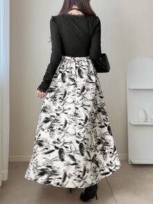 FRIFUL Women's Criss-Cross Binding Square Neck Ribbed Petal Sleeve Fitted Lace Hem Floral Decor Sweet Long Dress Maxi Dress Sundress - Black - View 5