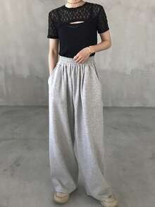 FRIFUL Women's Round Neck Lace Fabric Hollow Out Cropped Sheer Top - Black - View 6