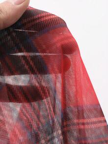 FRIFUL Mesh Plaid Lace-Up Layered Pleated Frill Trim Loose Casual Versatile Camisole Summer Graphic Tee - Red - View 3