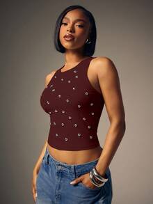 Denimoi Studded Round Neck Fashionable Sleeveless Top - Burgundy - View 4