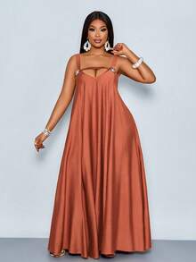 SOLERSUN Vestido casual de fiesta de talla grande para mujer, de unicolor y con diseño calado - Marrón Mocha - Ver 5