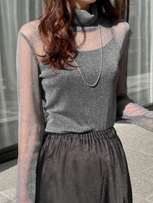 Women's Solid Gray Sheer Mesh Fabric Layered Slim Fit Versatile Blouse Summer Long Sleeve Tops Women - Grey - View 3