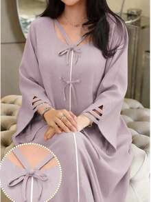 Yasmyna Đầm dài truyền thống Ả Rập dáng rộng, tay chuông, trang trí nơ dành cho nữ. - Bụi tím - Xem 2