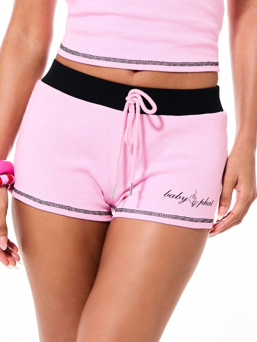 BABYPHAT 女士罗纹粉色撞色滚边高腰常规短裤，带抽绳腰带和品牌标志，夏季休闲款 - 淺粉色 - 查看 1