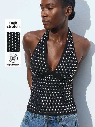 Maija Outfit Deas For Top Black Halter Neck Patch Women's Beach Modern Urban Style Suitable For Party, Casual Outdoor Wear Beach Summer Holiday Beach Vacation Summer Going Out Graduation  Casual Holiday Beach Cruise Travel  Romantic, Fashion, Versatile; Suitable For Summer Vacation, Comfortable, Bohemian Style, Beach Wear, Simple Daily Wear, Country Style, Essential, Solid Color, Holiday Casual, Decent, Single Lady,Y2k