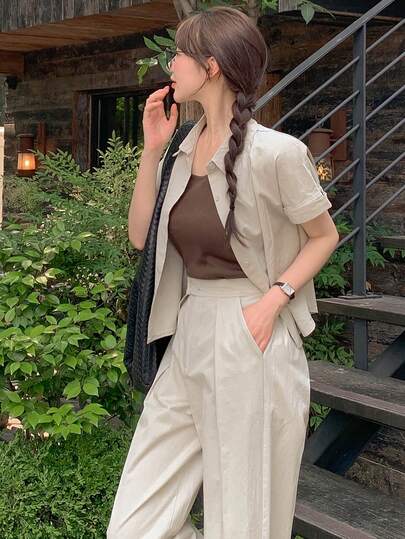 DAZY Women's Short Collared Top And High Waist Wide Leg Pants Set, Straight Loose Casual Long Trousers, Summer