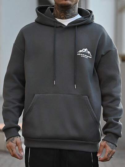 Devon Thys Men's Autumn/Winter Minimalist Mountain Slogan Print Pocket Drawstring Hooded Sweatshirt, Long Sleeve Top