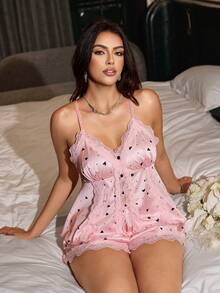 SilkySpell Herz-Muster Kontrast Spitze Kontrast Farbe Satin rückenfrei Camisole & Shorts Pyjama Set, Große Größen - Pink - Übersicht 5