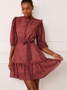 Lilora Đầm ngắn tay lửng xếp ly họa tiết jacquard thanh lịch dành cho nữ - Gỗ đỏ - Xem 6