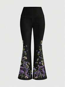 ROMWE Goth 暗黑哥特神秘花园春蛇嬉皮植物日月星黑色性感甜美喇叭腰女裤 - 黑色 - 查看 1