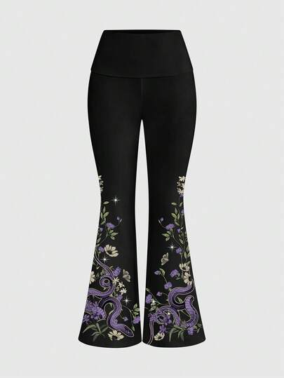 ROMWE Dark Gothic Mysterious Garden Spring Snake Hippie Plant Sun Moon Star Black Sexy Sweet Flare Waist Women's Pants