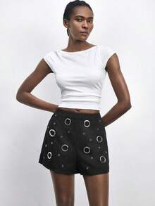 Maija Women's Black And Silver Fashionable Grommet Shorts,Studded Y2k High-Waisted Casual Shorts For Summer Street Dance Night Party Beach Summer Holiday - Black - View 10