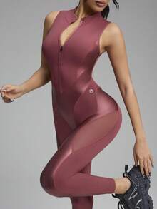 Innovista Women's Patchwork Fabric Half-Zip Front Racerback Breathable Shapewear Jumpsuit - Red Orange - View 2