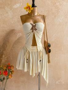 Soleia 女士棕色音乐节派对性感牛仔风格海滩休闲抽绳腰部不对称荷叶边下摆迷你裙和上衣 Y2K 服装 - 芥末黃 - 查看 1