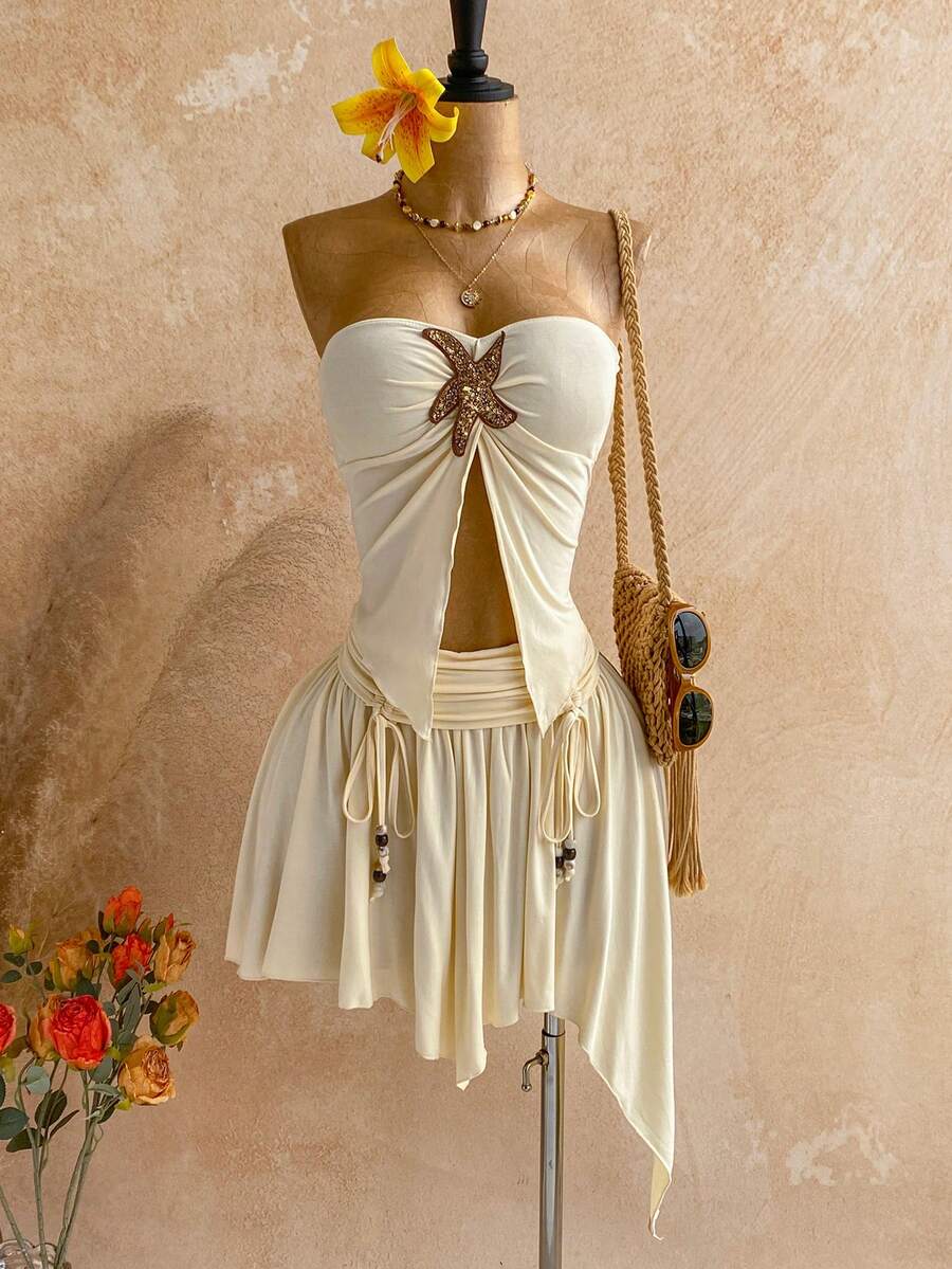 Soleia 女士棕色音乐节派对性感牛仔风格海滩休闲抽绳腰部不对称荷叶边下摆迷你裙和上衣 Y2K 服装 - 芥末黃 - 查看 1