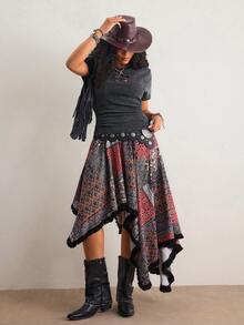 Freevana 波西米亚复古做旧深灰色罗纹T恤，花卉镂空短款宽松修身日常上衣，女士 - 深灰色 - 查看 7