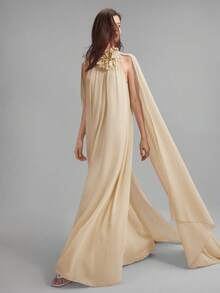 Ontre 斯德哥尔摩风格，女教师套装，秋季女装，女士雪纺3D立体花卉装饰荷叶边领连衣裙，派对晚礼服，婚礼季正式礼服，优雅高贵的女士服装 - 卡其色 - 查看 4