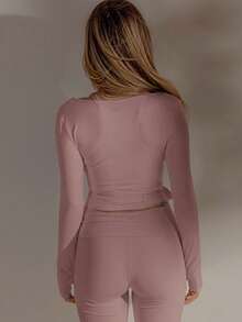 Aralina 纯色系带裹身修身长袖运动T恤 - 藕粉色 - 查看 2