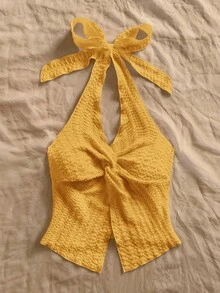 Soleia 时尚性感扭结下摆开衩露背吊带上衣 - 芥末黃 - 查看 4