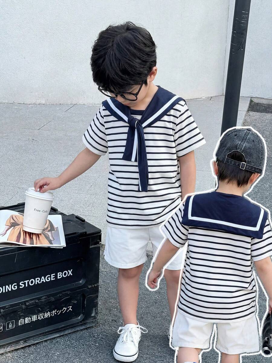 SHEIN Little Byeori 两件套男童休闲运动学院风文艺复古黑白条纹圆领T恤搭配白色短裤，配披肩装饰，适合儿童穿着，适合男童返校穿着，也适合生日派对、晚宴、演出、婚礼、洗礼、开幕式、日常穿着，适合上学、旅行、度假，适合春夏季节穿着。