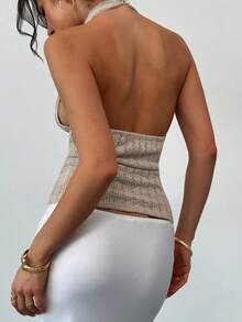 Firerie Women's Vacation Casual Pendant Decor Backless Halter Top Deep V Neck Top - Apricot - View 12