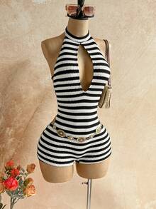 Soleia Bộ jumpsuit nữ kiểu dáng thường ngày, gợi cảm, khoét lưng, buộc nơ, cổ yếm, thích hợp cho đi biển, du thuyền, nghỉ mát thành phố, du lịch, tiệc trà chiều, dã ngoại. - Đen và trắng - Xem 7