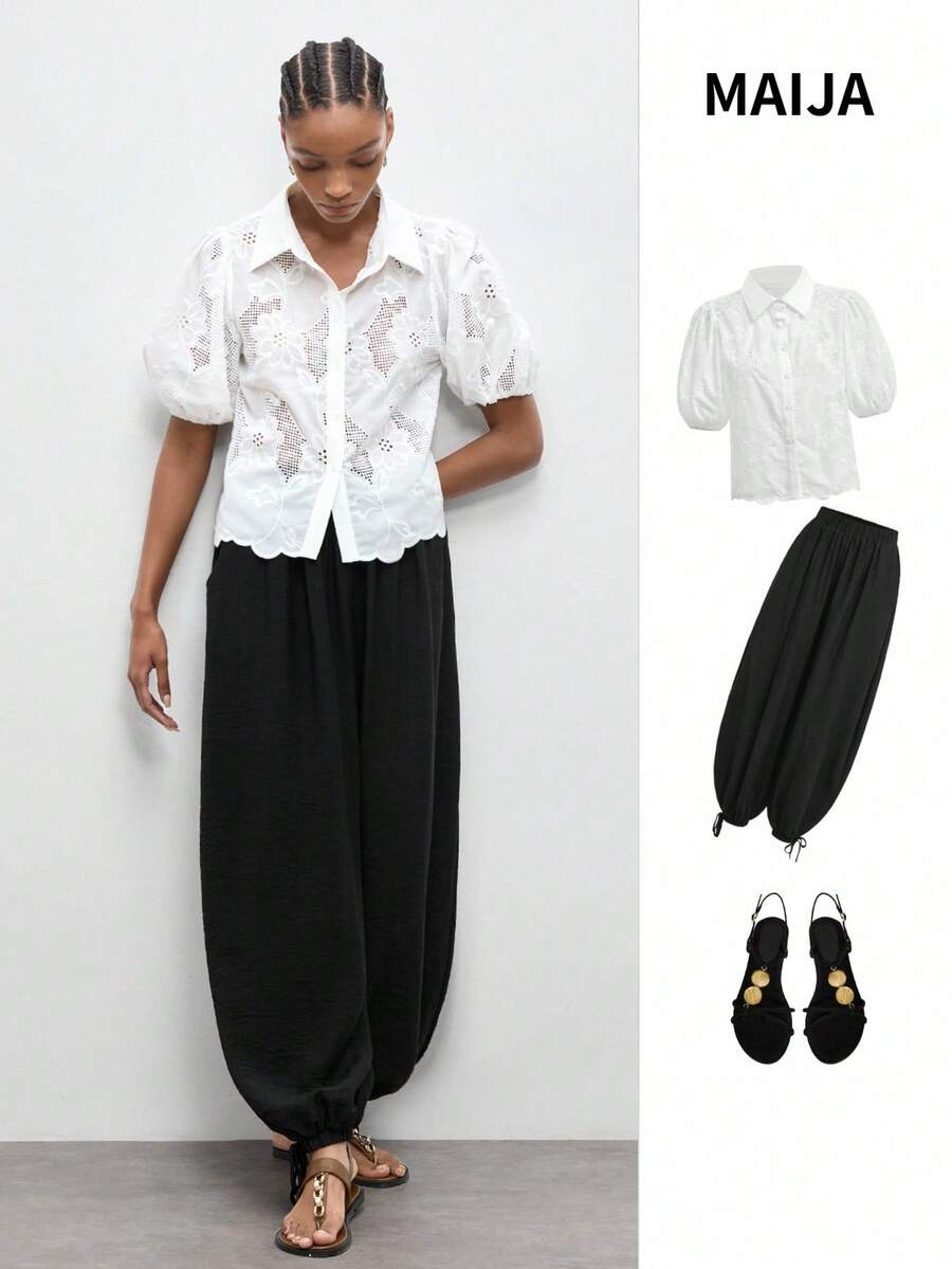 Maija Élégante blouse à manches mi-longues blanches pour femmes avec boutons, découpes et ourlet festonné. Blouse à manches bouffantes. Blouses pour femmes à manches courtes pour l'été. Blouse à œillets, vacances - Blanc - Voir 1