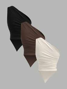 SHEIN PETITE 3pcs Women's Vacation Casual Asymmetric Hem Asymmetrical Shoulder Top, Summer 2 Pieces Set, Suitable For Back To School, Afternoon Tea, Casual, Beach Wedding Guest, Graduation Brunch, St. Patrick's Day, Spring Break, Easter, Music Festival, Elegant Boho Tropical, Brown, Black, Apricot - Multicolor - View 2