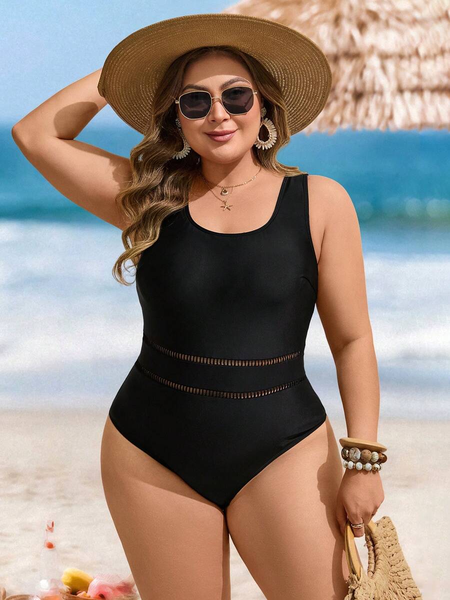 Swim Lushoire Maiô Preto Sólido Novo de Verão 2026, Recorte Vazado e Sexy nas Costas, Plus Size para Férias na Praia - Preto - Visão 1