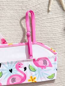 Baby Girls' Swimwear Set: Cute Pink Flamingo Lemon Flower Pattern, Knitted Fabric, Tank Top, Pants, And Jacket. Three-Piece Set, Stylish And Chic, Perfect For Swimming, Summer Vacations, Beach Outings, Pool Parties, And Leisure Trips Baby Swimsuit Girl 3 Piece Set Baby Girl Two Piece Swimming Clothes Toddler 2 Pc Swimsuit Swimwear For 2 Years Old Girl Flamingo Print Swimwear - Pink - View 3