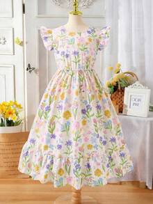 夏季波西米亚风，柔软舒适，碎花图案，甜美青春；飘逸的袖子搭配背部的大蝴蝶结，活泼俏皮；收腰设计搭配A字裙摆，贴身显瘦；柔软舒适的面料，荷叶边下摆增添少女魅力，适合日常穿着、外出和聚会。优雅的碎花连衣裙，儿童碎花连衣裙，女童蝴蝶结连衣裙，橙色蝴蝶结连衣裙 - 彩色 - 查看 2